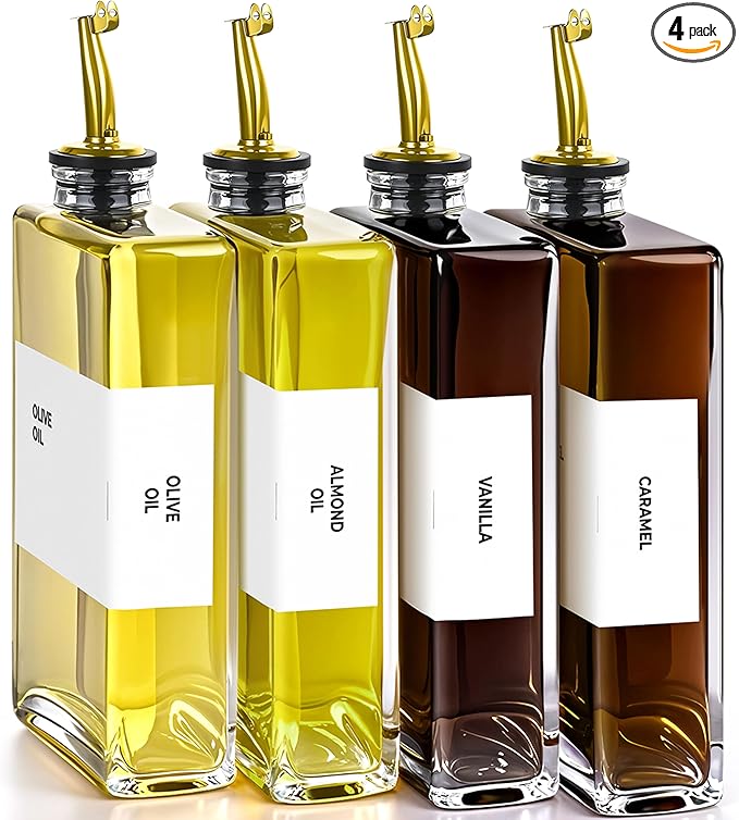 Spaceneat Olive Oil Dispenser Bottle - Includes 44 Kitchen Essential Labels - Cooking Oil Bottles for Kitchen, Coffee Syrup Dispenser - Pourer Spout with 11.8 fl oz Glass Container Cruet - 4pcs, Gold by Spaceneat