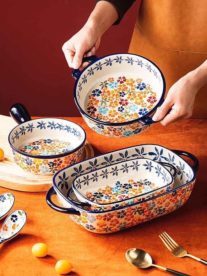 Colorful Cherry Blossom Flowers Vintage Style Ceramic Bakeware Dish Casserole Dish Baking Pan Lasagna Pans with Handles for Oven/Cooking/Kitchen, 1 PCS, 32 oz - Image 5