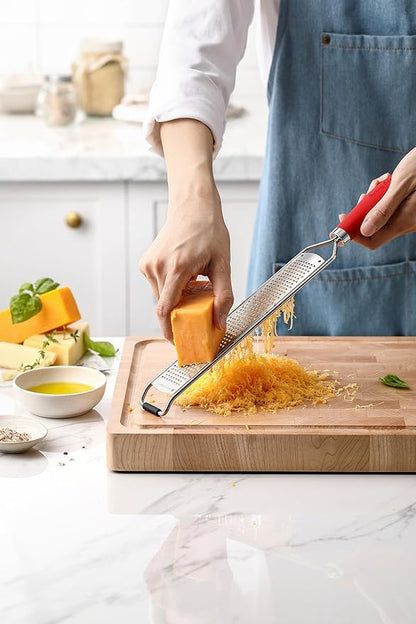Spring Chef Stainless Steel Lemon Zester Grater with Handle - Garlic, Cheese, Parmesan, Nutmeg, Lime, Ginger Grater - Heavy Duty Kitchen Tool - Citrus Zester with Blade Cover - Fine Shred - Red
