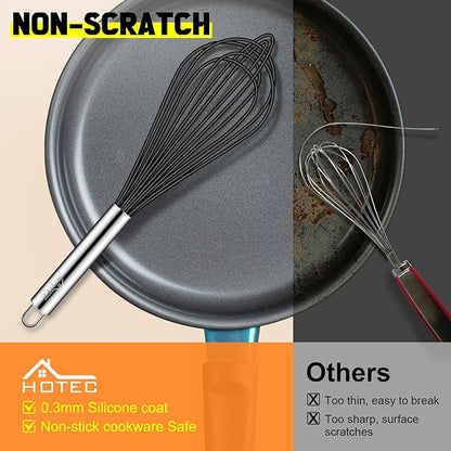 HOTEC 4 Pieces Silicone Whisks Set, Wire Balloon Whisks Egg Beater, Non-slip Handle Whisk for Non-stick Cookware Perfect for Cooking, Stirring, Beating and Blending (Black) - Image 7