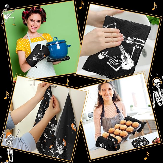 Leinuosen 8 Pcs Skull Kitchen Decor Set Kitchen Towels Gothic Oven Mitts and Pot Holders Skeleton Hand Dish Towels Horror Oven Mitts for Home Decoration Party Gifts (Modern Color,Music) - Image 5