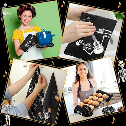 Leinuosen 8 Pcs Skull Kitchen Decor Set Kitchen Towels Gothic Oven Mitts and Pot Holders Skeleton Hand Dish Towels Horror Oven Mitts for Home Decoration Party Gifts (Modern Color,Music) - Image 5