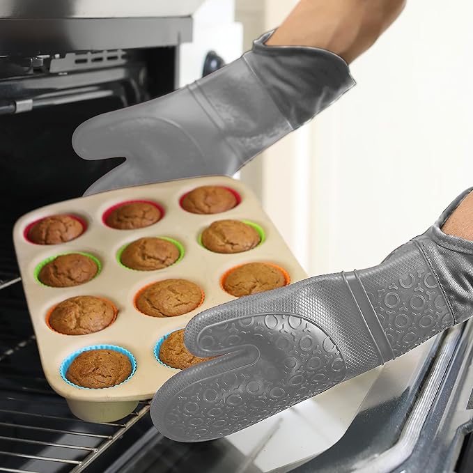 BPA-Free Soft Silicone Oven Mitts - Ultra Heat Resistant Oven Mitts with Thick Cotton Liner - Extra Long Slip Resistant Pot Holders, Flexible Oven Gloves - Gray 14.7" - Image 8