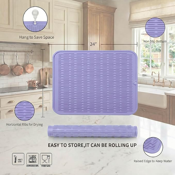 MicoYang Silicone Dish Drying Mat for Multiple Usage,Easy clean,Eco-friendly,Heat-resistant Silicone Mat for Kitchen Counter or Sink,Refrigerator or Drawer Liner Light Purple 2XL 24 inches x 18 inches - Image 2