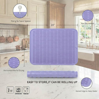 MicoYang Silicone Dish Drying Mat for Multiple Usage,Easy clean,Eco-friendly,Heat-resistant Silicone Mat for Kitchen Counter or Sink,Refrigerator or Drawer Liner Light Purple 2XL 24 inches x 18 inches - Image 2