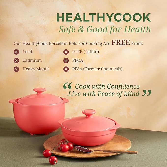 MINH LONG 3-Qt Porcelain Dutch Oven with Lid – Lead & Cadmium Free, Oven Safe to 482°F, Heat Retention, Clay Pot for Cooking on Gas & Infrared Cooktop, Use to Marinate, Cook, Bake, Refrigerate & Serve