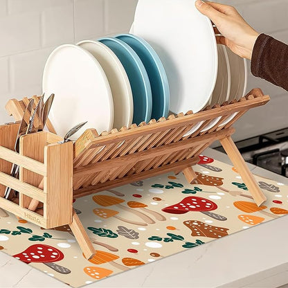 Funny Mushrooms Dish Drying Rack Mats Decor,Green Leaves Dish Pad Drying Mat Kitchen Counter 18x24 Inch Absorbent Reversible Microfiber for Coffee Bar Sink Countertop