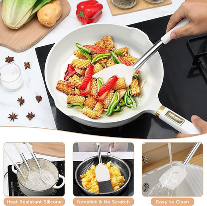 Onader Silicone Kitchen Utensils Set, 15pcs White Silicone Cooking Utensils Set with Holder, Includes Heat Resistant Spatula Turner Spoon Whisk Tong - Image 5