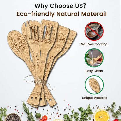 CUTHOLLOW 6PCS Marine Animals Wooden Kitchen Cooking Utensil Set, 11.9in Non Toxic Bamboo Wood Spoon Set for Cooking, Best Housewarming Birthday Thanksgiving Christmas Gift for Women Mother