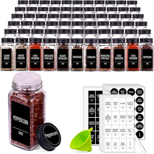 Churboro 66 Spice Jars with 547 Labels- Glass Spice Jars with Black Metal Caps, 4oz Empty Spice Containers with Shaker Lids, Funnel, Chalk Pen, Square Seasoning Bottles for Spice Rack, Drawer, Cabinet by Churboro