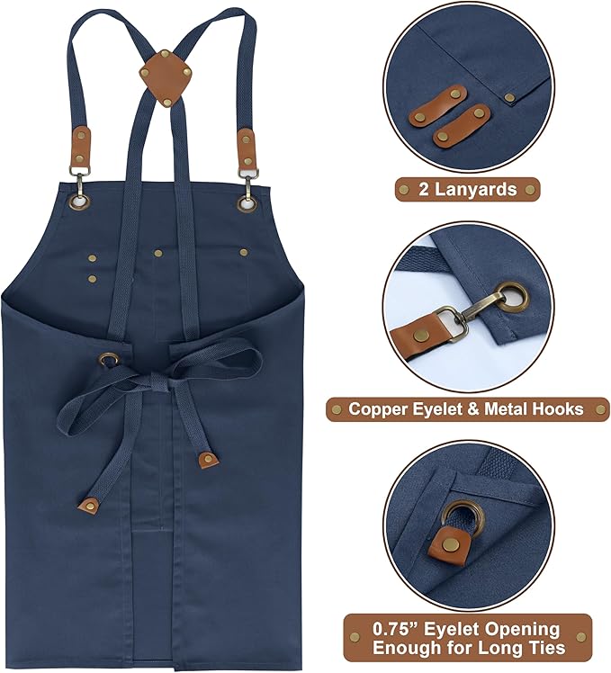 RUVANTI Work Aprons for Men, Oil & Water Repellent, PolyCotton Cross Back Aprons for Women with Pockets, Adjustable up to XXL, Chef Aprons for Cooking, Grilling, Welding, Woodworking - Blue Aprons