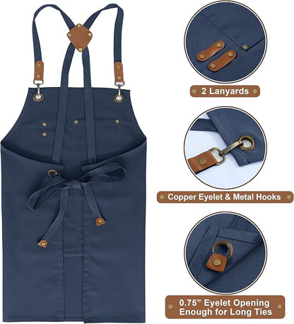 RUVANTI Work Aprons for Men, Oil & Water Repellent, PolyCotton Cross Back Aprons for Women with Pockets, Adjustable up to XXL, Chef Aprons for Cooking, Grilling, Welding, Woodworking - Blue Aprons