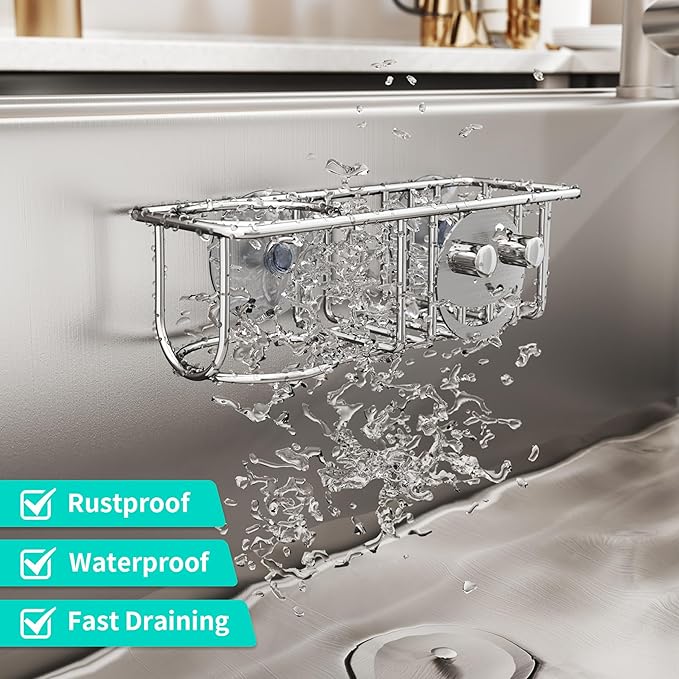 HapiRm Sink Caddy Sponge Holder - No Drill Kitchen Sink Organzier with Smiley Face Sponge Holder, Rustproof and Waterproof Kitchen Organizer - Silver - Image 3
