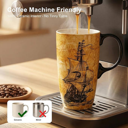 Topadorn Ceramic Travel Mug with Lid and Handle - 17 Oz Coffee Mug Ceramic Latte Teacup with Color Box, Splash Resistant Lid –Coffee Cup for Car Cup Holder, Sailboat