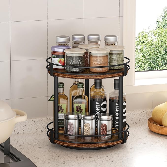 Snughome Rotating Spice Rack, 2 Tier Lazy Susan Organizer, Wood Kitchen Countertop Organizer, Brown Lazy Susan Turntable for Cabinet, 10.2" x 10.2" x 10.4" - Image 2