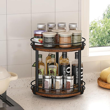 Snughome Rotating Spice Rack, 2 Tier Lazy Susan Organizer, Wood Kitchen Countertop Organizer, Brown Lazy Susan Turntable for Cabinet, 10.2" x 10.2" x 10.4" - Image 2