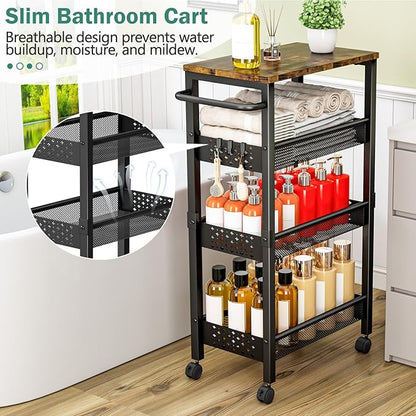 Vivihomety Utility Slim Storage Cart with Wheels, 4-Tier Narrow Rolling Organizer Shelf with Wood Top, Metal Storage Rack and Space-Saving Organizer for Bathroom, Kitchen, Laundry Room, Small Spaces - Image 3