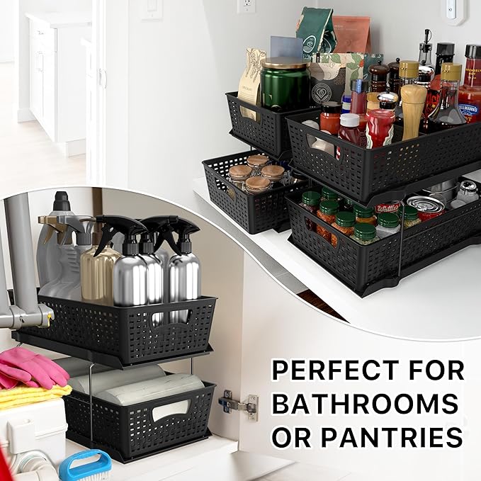 Simple Houseware 2 Tier Bathroom Organizer Tray Pull-Out Sliding Drawer, Under Sink Storage, Black - Image 8