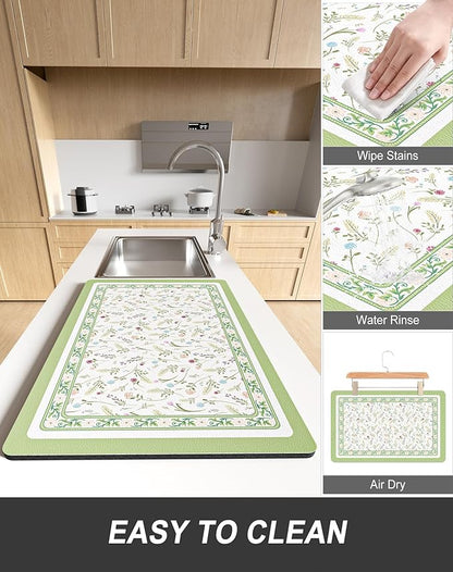 Rnivvi Dish Drying Mat for Kitchen Counter, XL 15 x 24" Cute Flower Theme Absorbent Draining Pad, Non-Slip Heat Resistant Coffee Bar Mat for Coffee Machine Station Accessories, Green Dish Rack Pad - Image 6