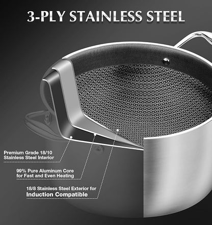 KOCH SYSTEME CS Triply Stainless Steel Pot 6 Quart, Nonstick Hybrid 18/10 Stainless Steel Stock Pot with Lid, Nonstick Cooking Pots with Honeycomb Interior, Compatible with All Cooktops, Oven Safe - Image 3