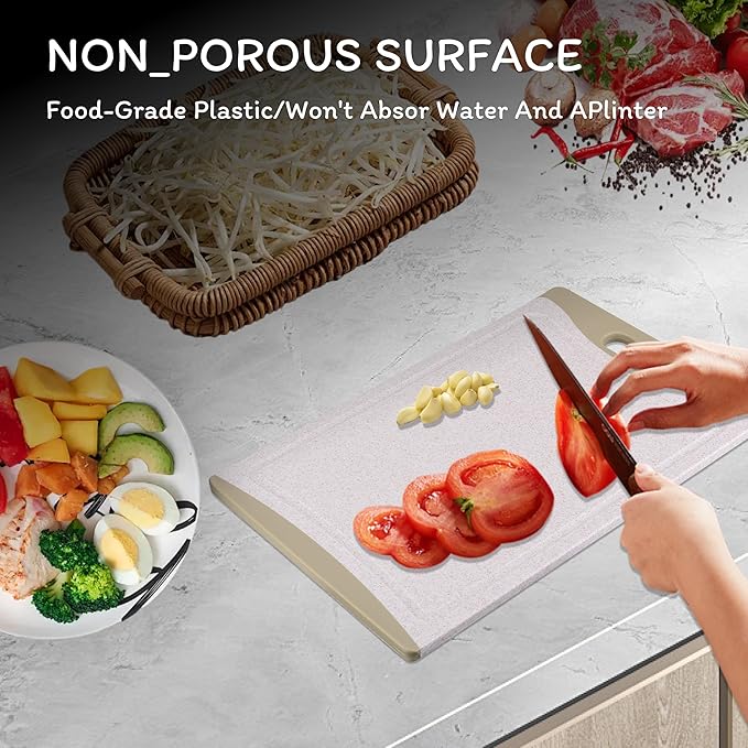 Cutting Board for Kitchen, Wheat Straw Fiber Cutting Board, Dish Washer Safe, w/Juice Grooves for Meat, Veggies,Easy Grip Handle, Non-slip Surface,Eco-friendly,Serveware Accessories 2 PCAK