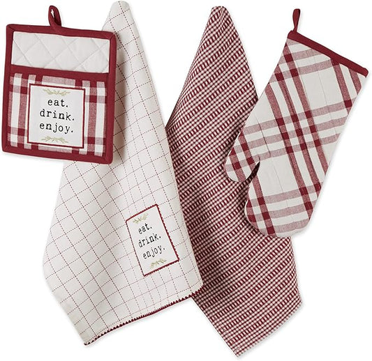 DII Home Sweet Farmhouse Kitchen Collection, Potholder/Oven Mitt/Dishtowel Set, Barn Red, 4 Count