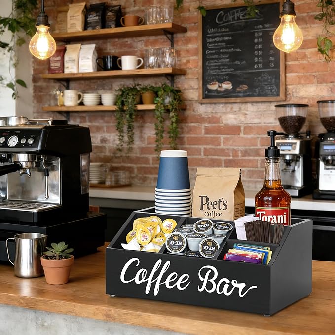 Coffee Station Organizer for Countertop, Wood Coffee Bar Organizer for Farmhouse Coffee Bar Decor, Tea Condiment Storage Organizer, Coffee Pod Holder and Coffee Bar Accessories - Image 2