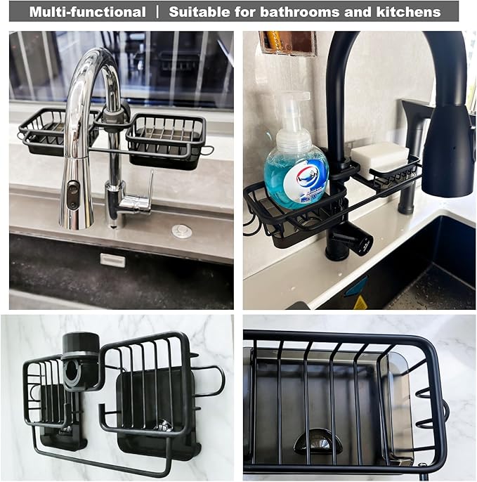 Sink Organizer Rack for Kitchen and Bathroom,Stainless Steel Detachable Hanging Faucet Drain Rack with Drip Tray Faucet Sponge Holder for Bathroom (Black, L&R as One) - Image 5