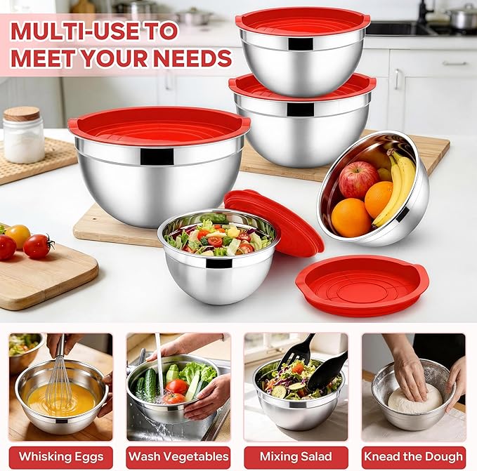 E-far Mixing Bowls With Lids Sets of 5, 10-Piece Stainless Steel Salad Metal Nesting Bowl for Baking Cooking and Prepping, Airtight Lid & Stackable Design, Size 4.6, 3, 2.1, 1.5, 0.7 QT, Red - Image 5