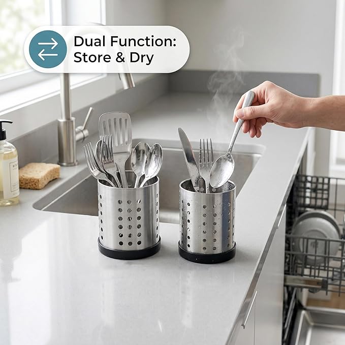 TOPZEA Set of 4 Kitchen Utensil Holder, Stainless Steel Cooking Utensil Organizer Flatware Silverware Holder Drying Rack Cylinder Kitchen Countertop Caddy for Chopstick, Spoon, Fork, Cultery, Straw - Image 5