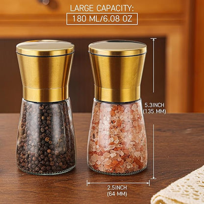 DAVIMADE Premium 2pk Gold Salt and Pepper Grinder Set, Manual Grinder Adjustable Coarseness Ceramic Blades, Bonus Silicone Funnel-Short Gold Kitchen Accessories
