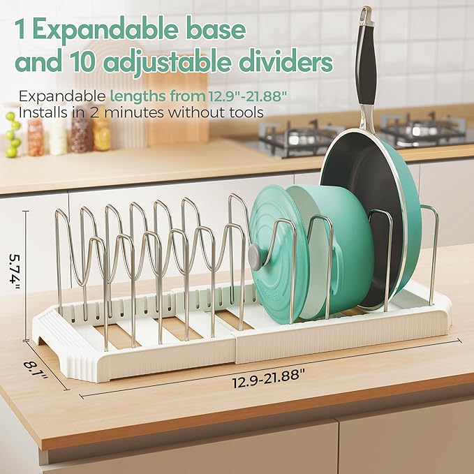 Pots and Pans Organizer for under Cabinet, Pan Pot Organizers inside Cabinet, Expandable Organizer with 10 Adjustable Dividers for Cookie Sheets, Cutting Boards, Pot Lids, Cookware - Frying Pan Rack - Image 3