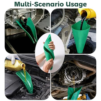 Flexible Funnel for Oil Change – Reusable Silicone Drain Funnel, Spill-Free Design, Foldable & Moldable for Car, Motorcycle, Truck, Lawnmower, Snowplow | Easy Clean, Roll-Up Storage