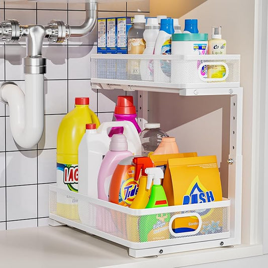 Under Sink Organizer, High Adjustable 2 Tier Under Sink Organizers and Storage, Slide out Metal Cabinet Organizers, Pull out Storage Drawer Shelf for Kitchen Bathroom Cabinet (1, White)