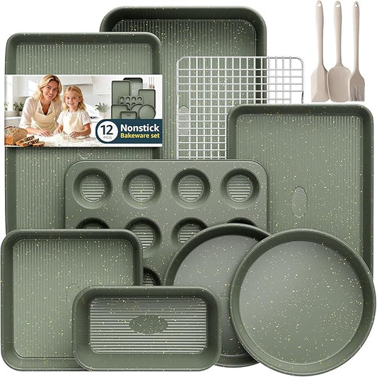 12-Piece Nonstick Baking Set, Non-Toxic Bakeware Sets with Baking Sheet, Cake Pan, Square Pan, Loaf Pan, Roasting Pan, Muffin Pan, Cookie Sheet, Cooling Rack & Kitchen Utensilss - Ceramic Coated Green by SlowSLog