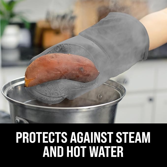 BPA-Free Soft Silicone Oven Mitts - Ultra Heat Resistant Oven Mitts with Thick Cotton Liner - Long Slip Resistant Pot Holders, Flexible Oven Gloves - Gray 13.7" - Image 4