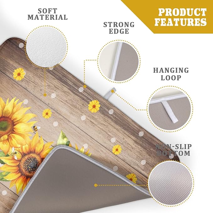 Summer Sunflower Bee Dish Drying Mat for Kitchen Counter,Rustic Yellow Flowers White Polka Dots Drying Mat 18 x 24 Inch with Absorbent Reversible Microfiber Drying Pad for Coffee Bar - Image 4