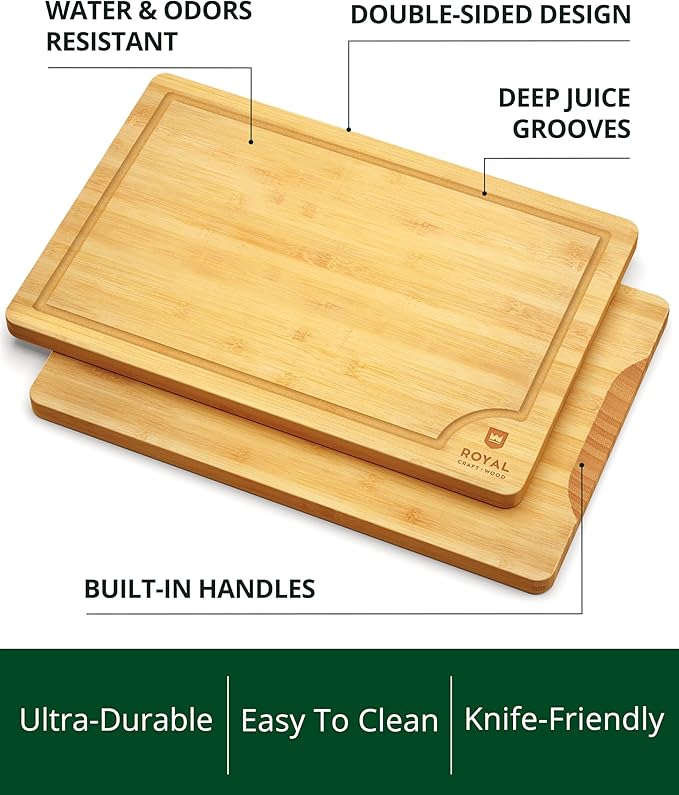 ROYAL CRAFT WOOD Wooden Cutting Boards for Kitchen Meal Prep & Serving - Bamboo Wood Serving Board Set with Deep Juice Groove Side Handles - Charcuterie & Chopping Butcher Block for Meat - Image 4
