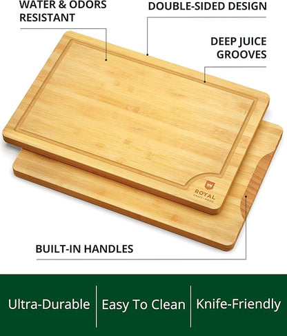 ROYAL CRAFT WOOD Wooden Cutting Boards for Kitchen Meal Prep & Serving - Bamboo Wood Serving Board Set with Deep Juice Groove Side Handles - Charcuterie & Chopping Butcher Block for Meat - Image 4