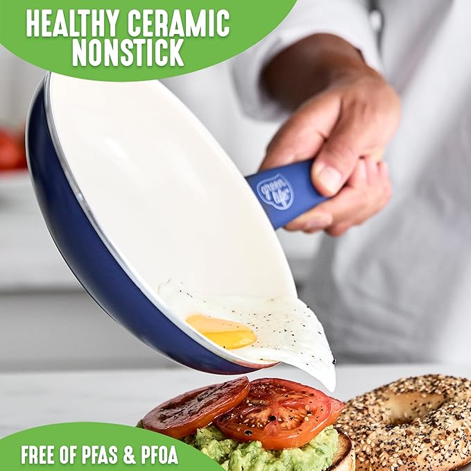 GreenLife Non Stick Fry Pan Set (7" & 10"), Non-Toxic PFAS-Free Ceramic Skillets, Dishwasher & Oven Safe, Egg Omelet Frying Pans, Stay- Cool Handles, Kitchen Home Cooking Essentials, Blue - Image 2