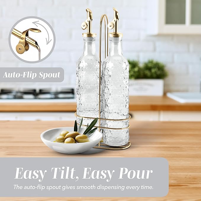 COOK WITH COLOR Glass Olive Oil Bottle Dispenser - 2 Pack- 17oz Oil and Vinegar Cruet - Olive Oil Carafe Decanter for Kitchen, Floral, Clear - Image 5