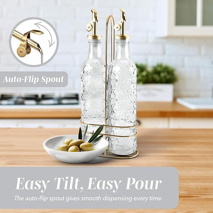 COOK WITH COLOR Glass Olive Oil Bottle Dispenser - 2 Pack- 17oz Oil and Vinegar Cruet - Olive Oil Carafe Decanter for Kitchen, Floral, Clear - Image 5