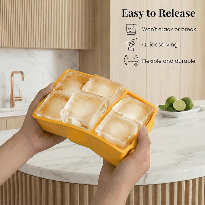 KitchFort Large Silicone Ice Cube Tray (2-Pack), Easy Release 2" Big Ice Cubes - Cocktail, Whiskey Ice Cubes Mold - Ice Trays for Freezer with Lid - Stackable Silicone Ice Tray - Mustard Yellow - Image 3