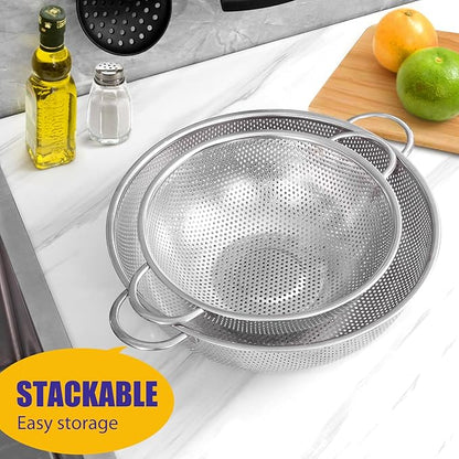 E-far 3QT & 5QT Colander Set of 2, Stainless Steel Micro-Perforated Colander Strainer with Handle for Kitchen/Draining Pasta/Rinsing Vegetables Fruits, Heavy Duty Metal & Dishwasher Safe - Image 6