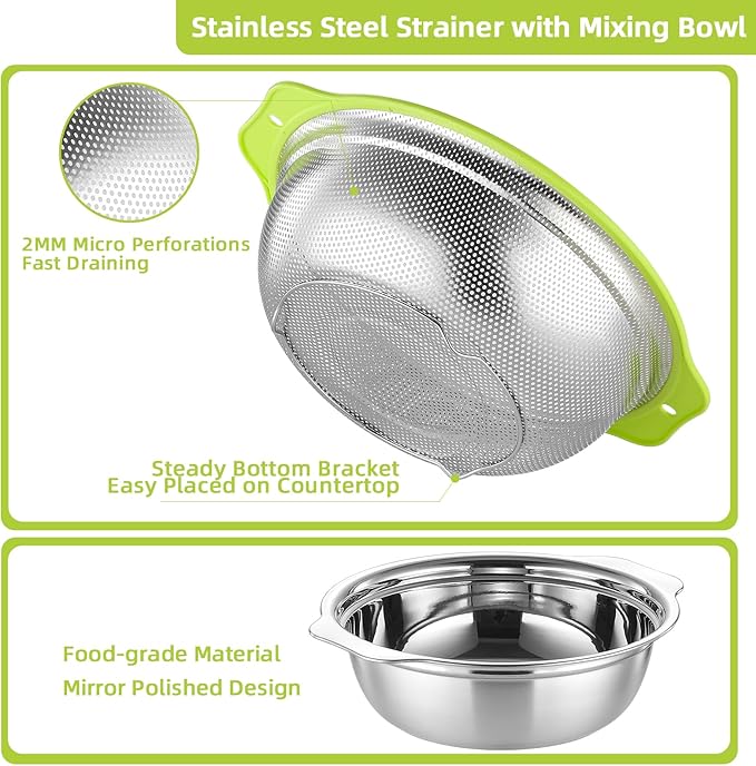 Colander Stainless Steel Microporous, 5QT Large Capacity Rice Washer with Mixing Bowl, 12.5’’Rice Strainer Bowl Set with Handle, Food-Grade Strainers and Colanders for Washing Rice, Pasta - Image 5