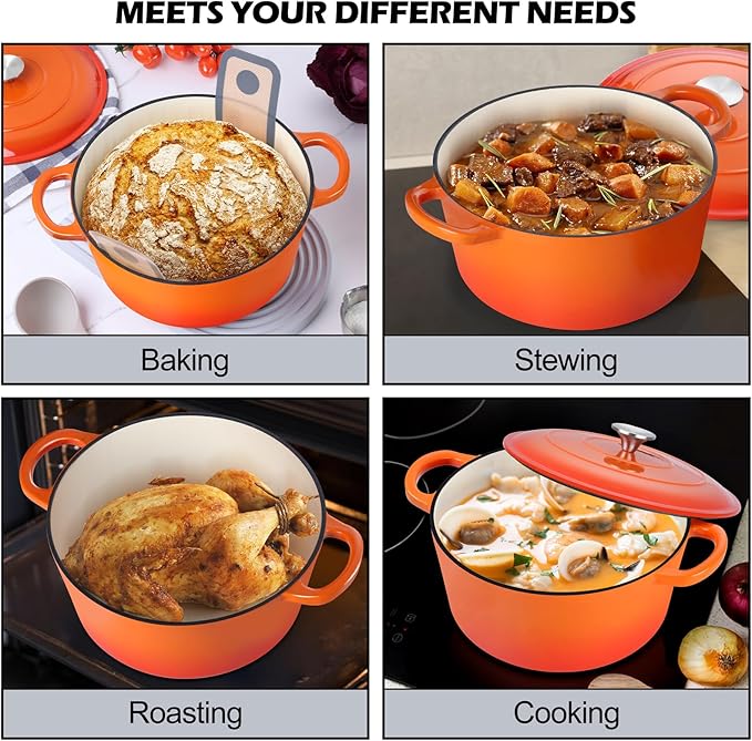 TeamFar Enameled Cast Iron Dutch Oven, 6QT Nonstick Dutch Oven Pot with Lid & Dual Handles for Bread Baking Braising Simmer Roasting, Non Toxic & Heavy Duty, Multi Stoves & Oven Safe - Orange - Image 7