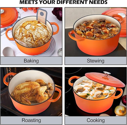TeamFar Enameled Cast Iron Dutch Oven, 6QT Nonstick Dutch Oven Pot with Lid & Dual Handles for Bread Baking Braising Simmer Roasting, Non Toxic & Heavy Duty, Multi Stoves & Oven Safe - Orange - Image 7