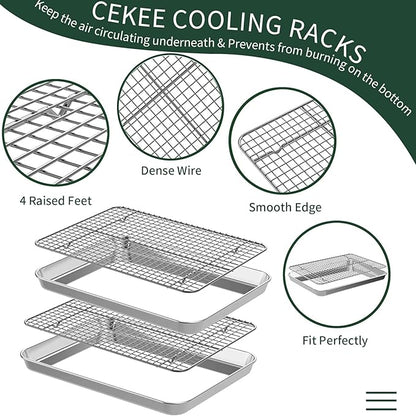 CEKEE 4 PCs Small Baking Sheet With Wire Rack Set [2 Pans + 2 Cooling Racks], 10 Inch Stainless Steel Tray - Rust & Warp Resistant, Easy Clean - Image 4