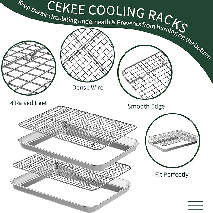 Small Baking Sheet with Rack Set [2 Cookie Sheets + 2 Baking Racks], CEKEE Stainless Steel Small Baking Pan and Grill Rack - Rust & Warp Resistant & Nonstick, Size 9.33 x 6.96 x 1 Inch - Image 4