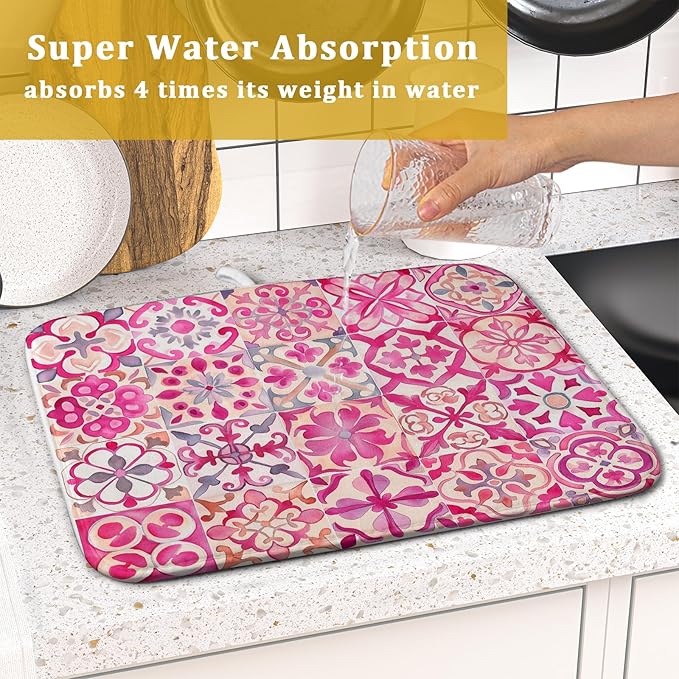 Pink Mexican Tiles Dish Drying Mat Absorbent Microfiber Dish Drying Pad for Kitchen Multi-use Large - Image 7